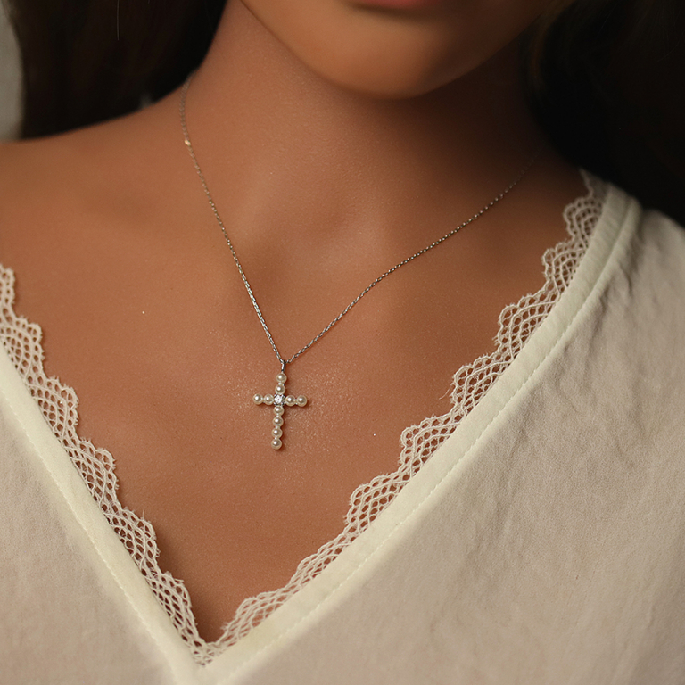 Collier argent rhodi pendentif croix avec 1 oxyde blanc et perle blanche rglable 42  45cm - Vue 20