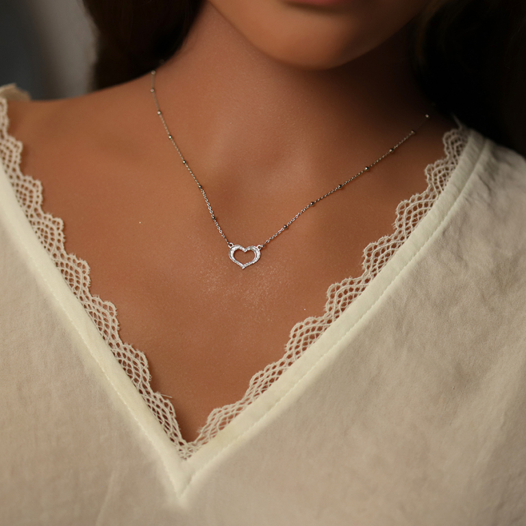 Collier argent rhodi chane boules avec coeur givr rglable 42  45cm - Vue 20