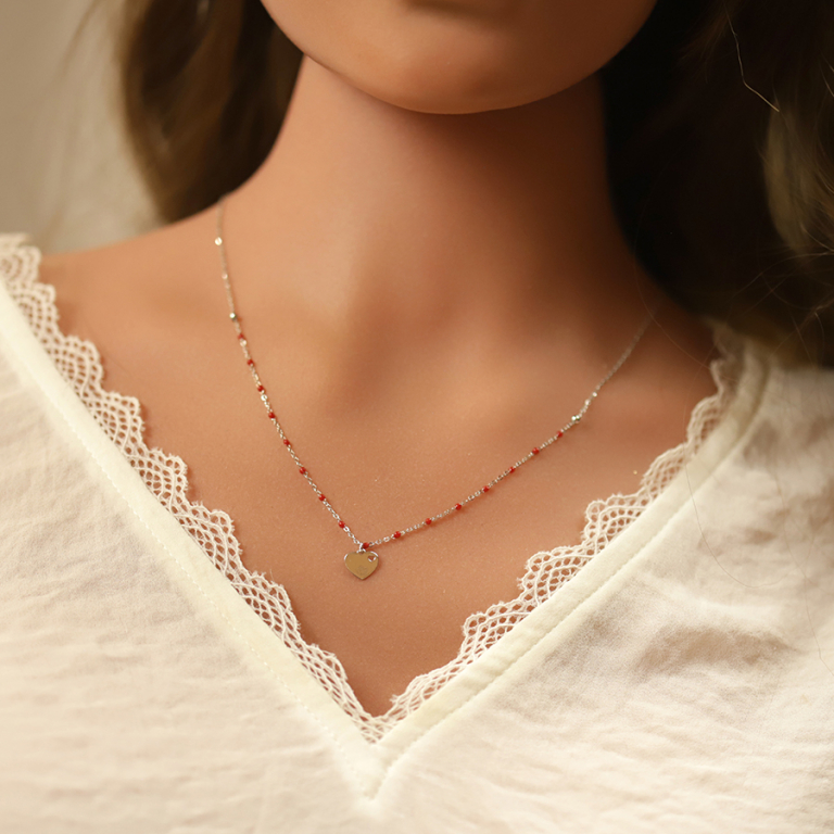 Collier en argent rhodi chane avec boules couleur rouge avec pendentif coeur 40+5cm - Vue 20