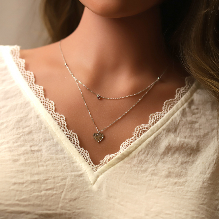 Collier argent rhodi double chane pendentif coeur diamant et 1 oxyde rose rglable 40  45cm - Vue 20