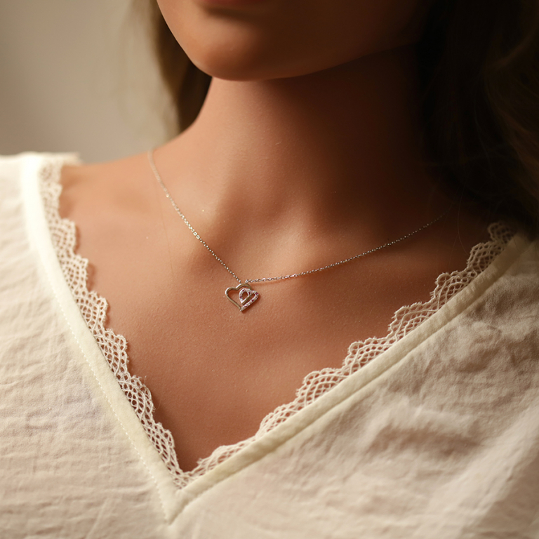 Collier en argent rhodi pendentif double coeur contour oxydes blancs et roses 42+3cm - Vue 20