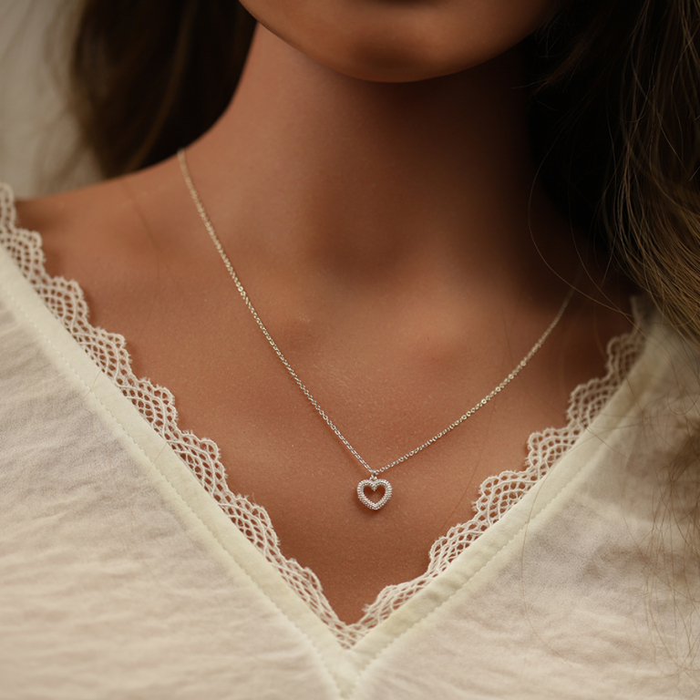 Collier argent rhodi claire, pendentif coeur vid perl 40+5cm - Vue 20