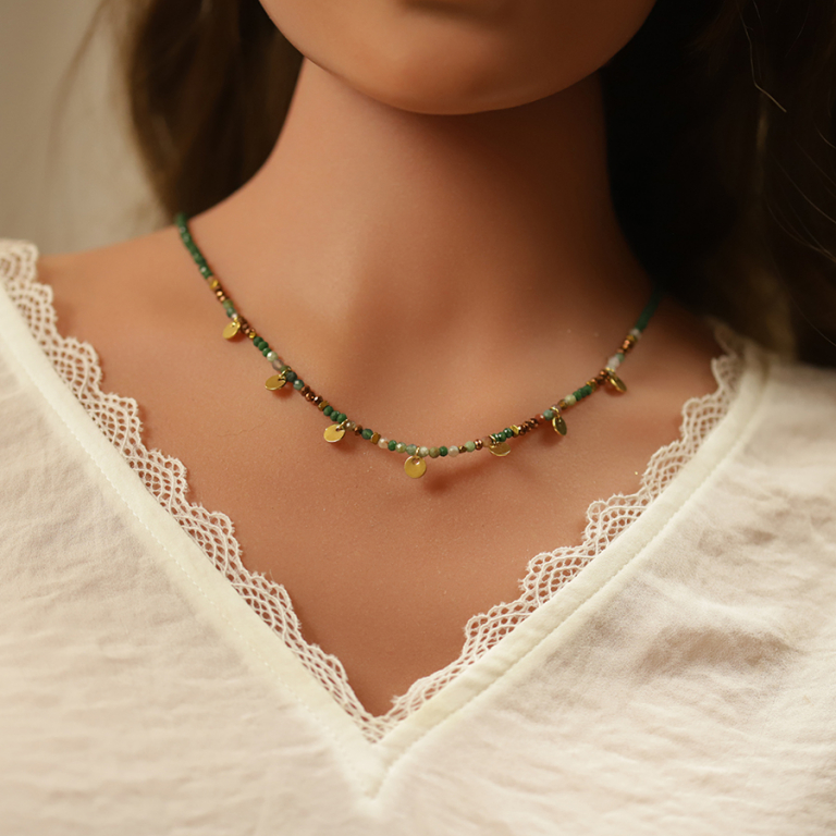 Collier en acier et PVD dor verre et agate verte vritable avec pampilles pastilles 38+7cm - Vue 20