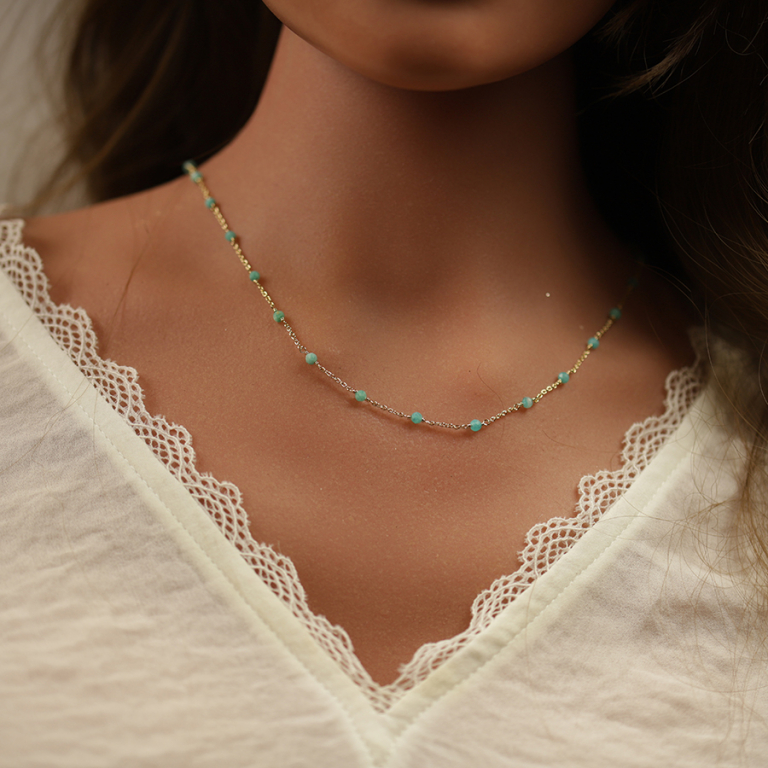 Collier en plaqu or pierre amazonite vritable 38+4cm - Vue 20